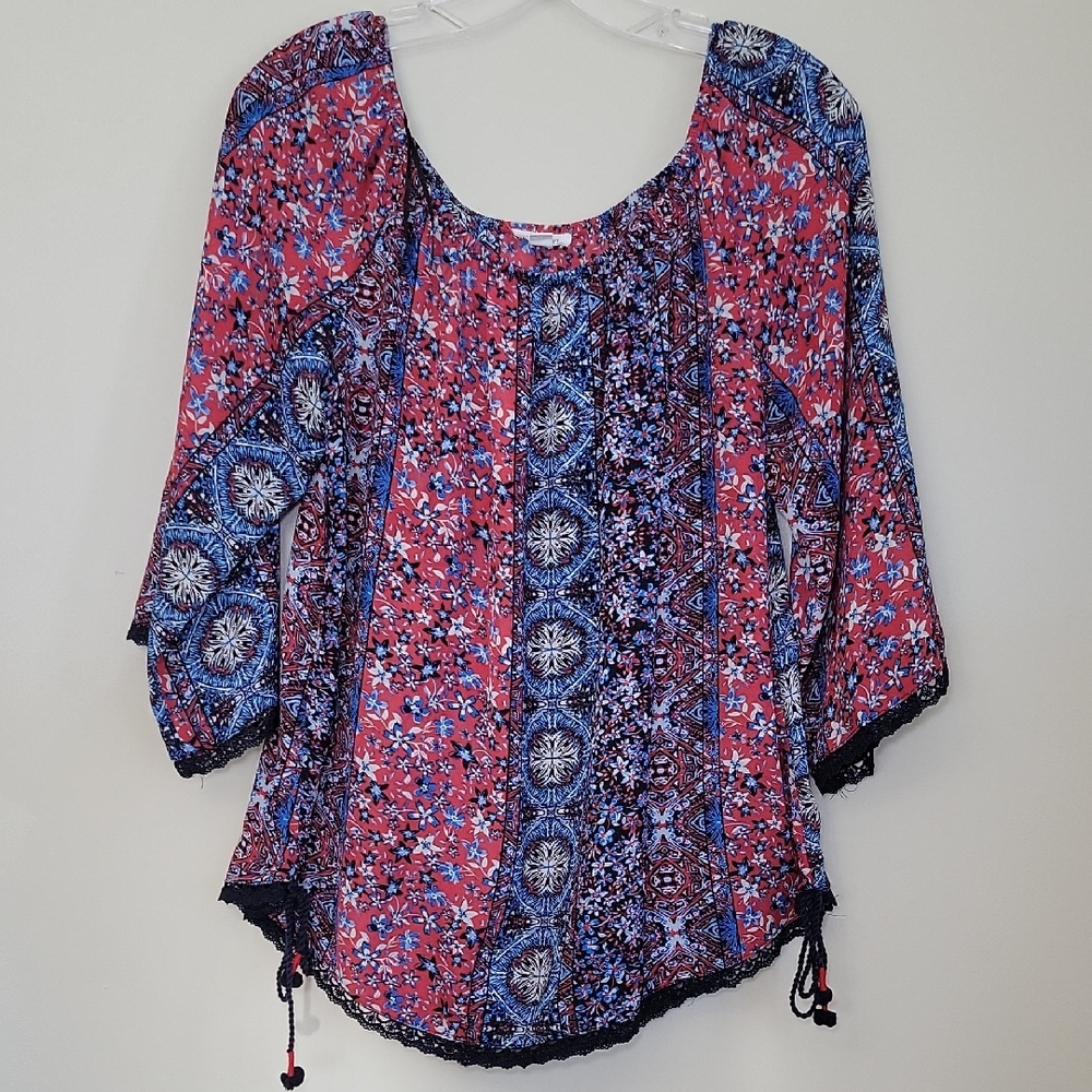 Westport Woman's Off-shoulder Boho Top Red/Blue Retro Size L